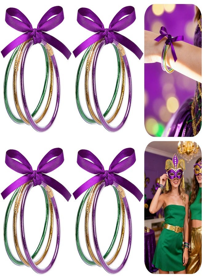 RunNico 12 Pcs Mardi Gras Jelly Bangles, Mardi Gras Glitter Bracelets with Bowknot, Purple Green Gold Jelly Bangles for Festival Parade Party Favors Costume Accessories - Image 1